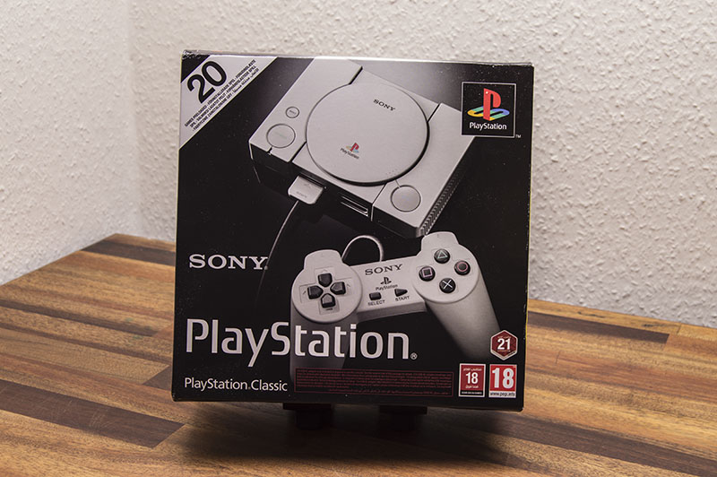 Sony PlayStation Classic packaging: The front of the box displays the PS console